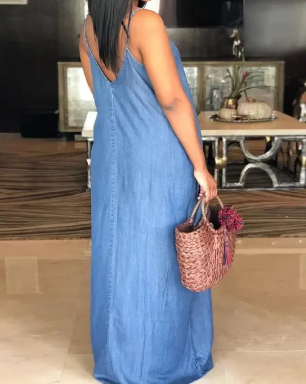 Sexy Plain Spaghetti Strap Denim Casual Elegant Dress for Women - Image 2
