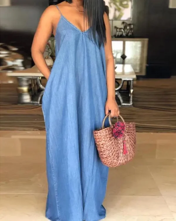 Sexy Plain Spaghetti Strap Denim Casual Elegant Dress for Women
