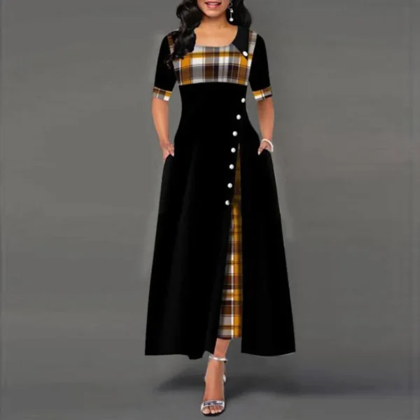 Women's Fashion Half Sleeve Plaid Print Button Maxi Dress