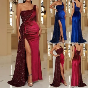 Red & Blue Evening Elegant Women One Shoulder Party Dress