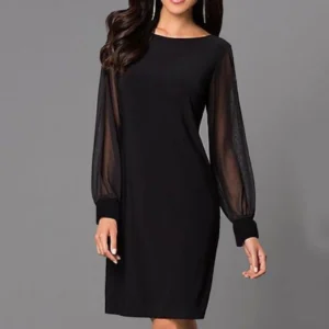 Women Casual Shiny Long Sleeve Body Slim Elegant Dresses