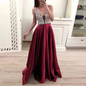 V Neck Sleeveless High Waist Long Bridesmaid Cocktail Party Dresses