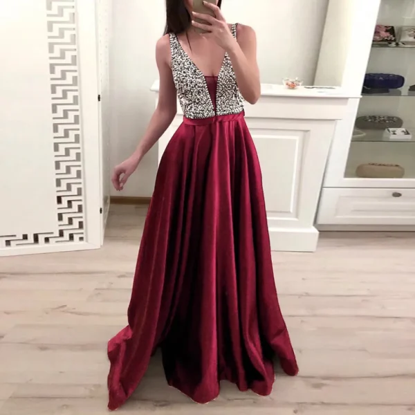V Neck Sleeveless High Waist Long Bridesmaid Cocktail Party Dresses